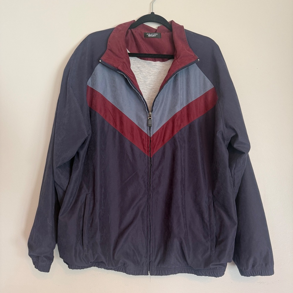 Ashford Sport Mens Colorblock Track Jacket Navy Burgundy Gray Full Zip Lined M